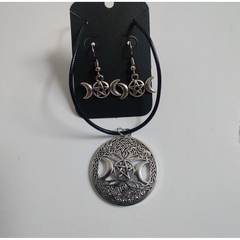 Tree of life, Crescent moon & Pentagram hand crafted Necklace & Earrings set